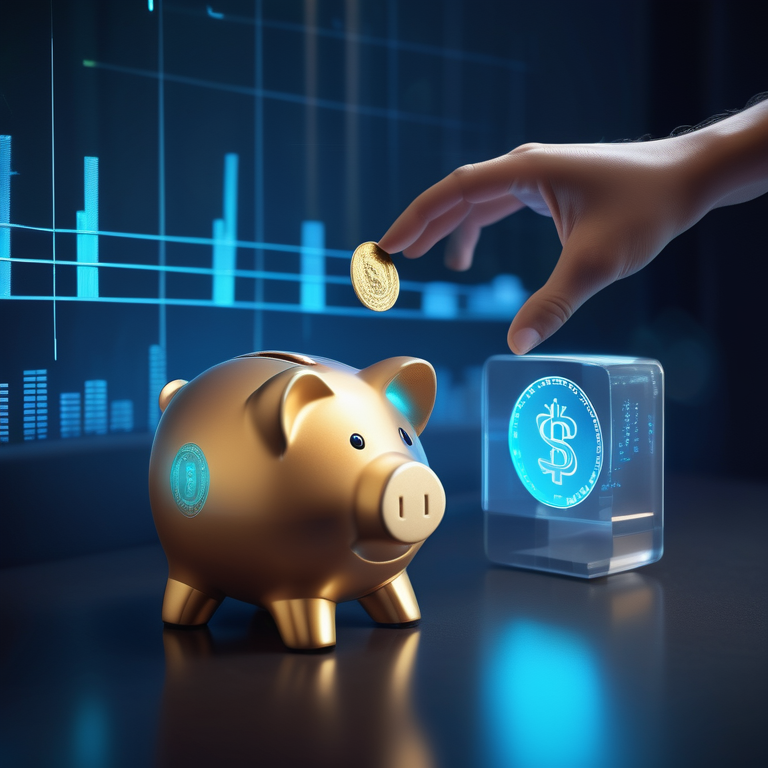 A robot hand investing a coin into a digital piggy bank amidst projections of financial growth.