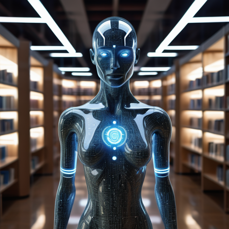 A humanoid figure with circuit-patterned skin stands in a dimly lit futuristic library, symbolizing AI consciousness.